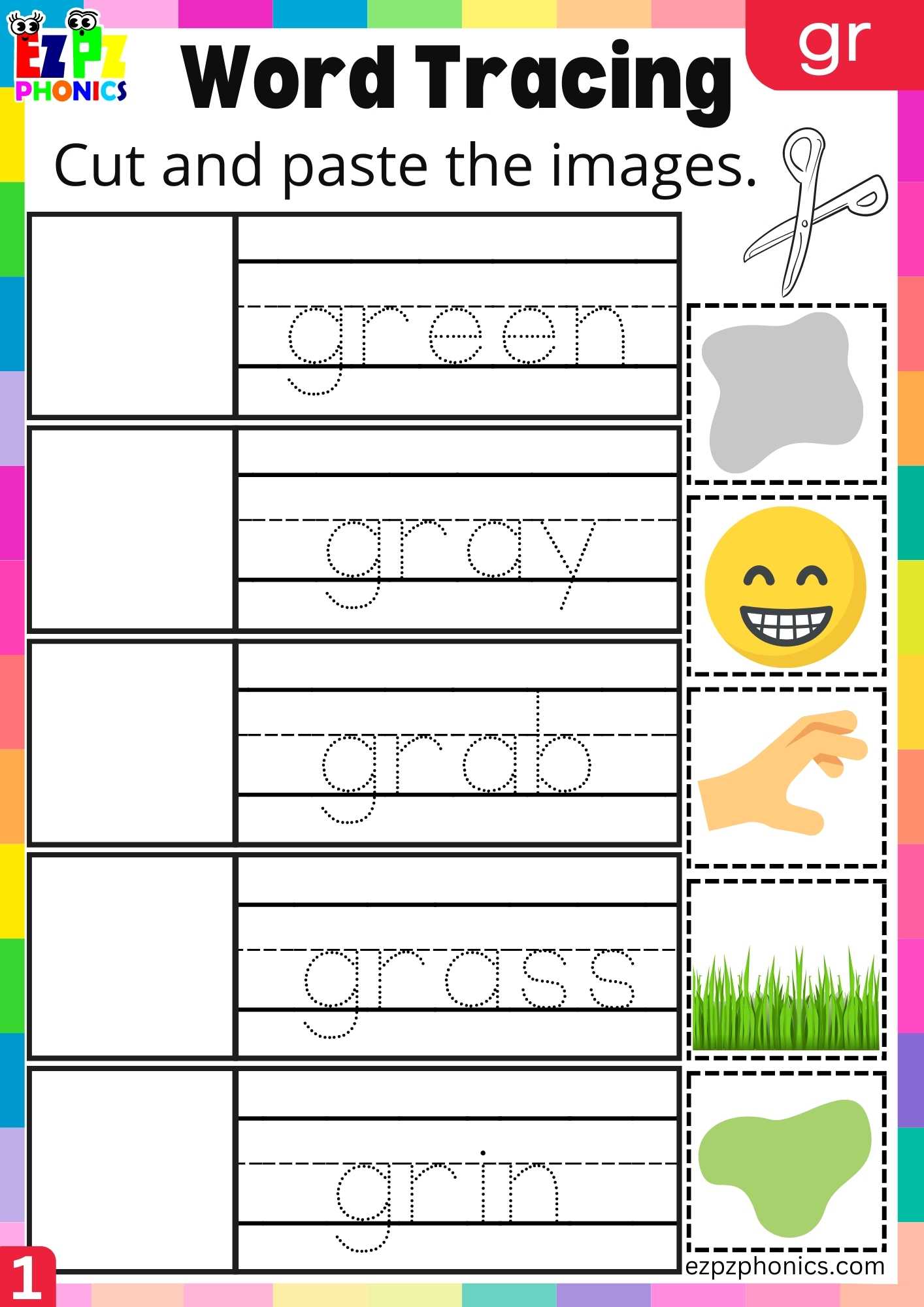 Group1 GR Words Cut And Paste The Images Phonics Consonant Blends Worksheet